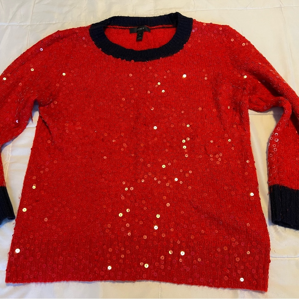 JCrew Red and Navy blue sequin Sweater  3/4 sleeves